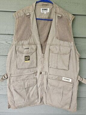 Vtg.DOMKE PhoTOGS Beige Utility Vest with SONY/DSP Cameras Branding Men's Size M